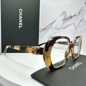 New CHANEL Eyeglasses Brown Gold Chain CC Square Acetate Womens
